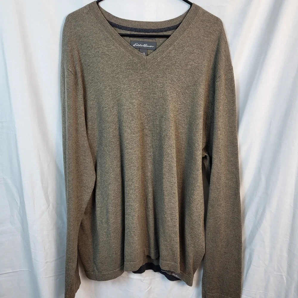 Eddie Bauer Mens XL V-Neck Sweater Cotton‎ Merino Wool Heathered Olive Brown